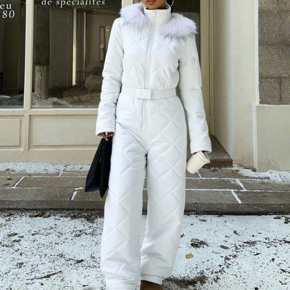 White Casual Women's Fuzzy Hat & Thick Jumpsuit